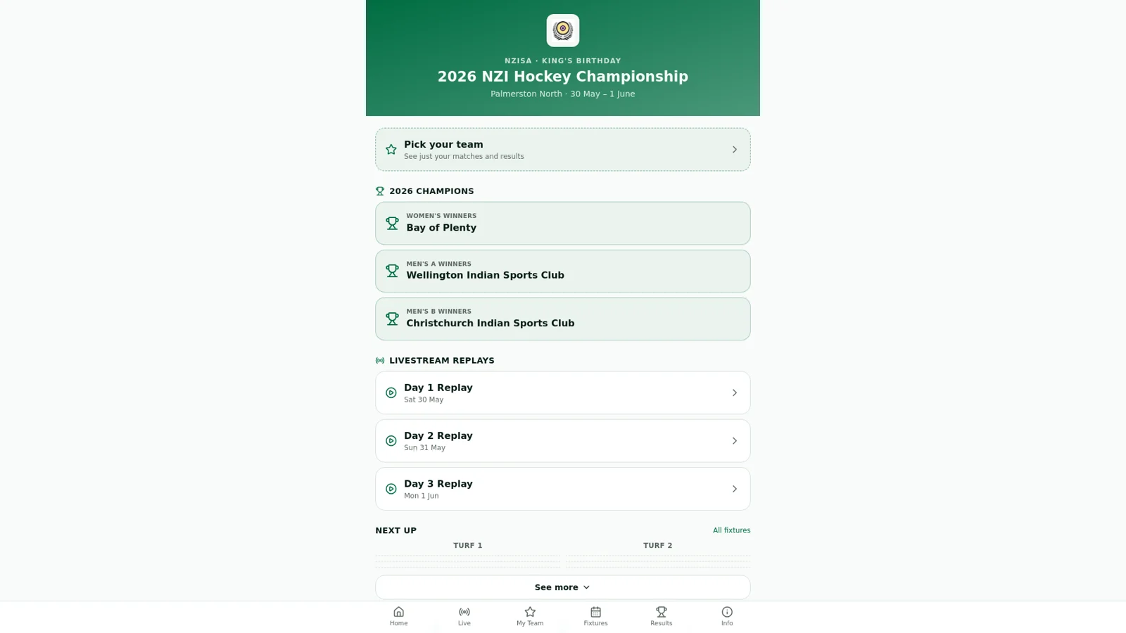 Hockey Live Hub championship homepage with fixtures and live scores