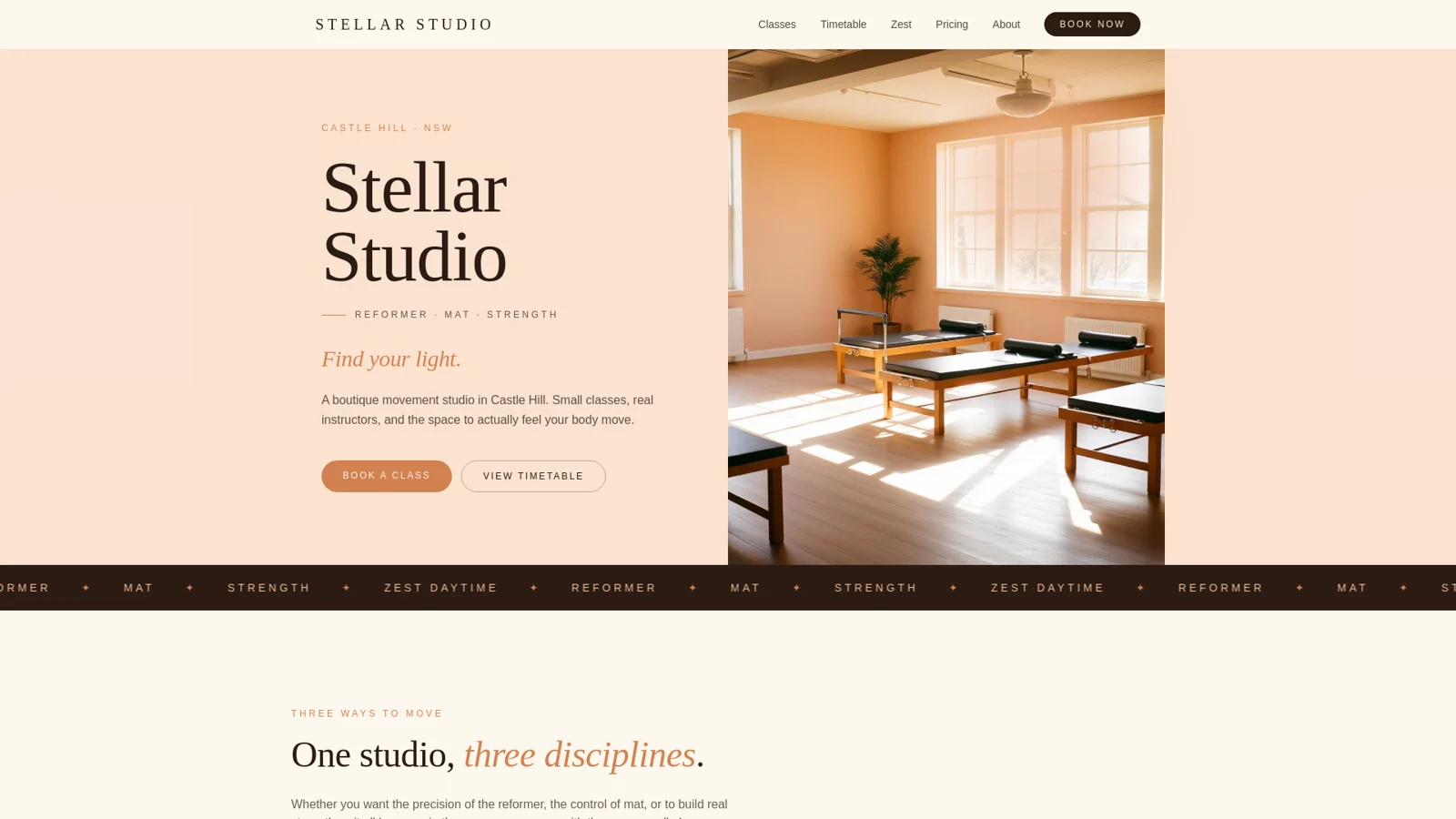 Pilates studio app homepage