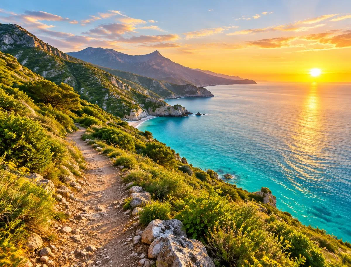 Illustrative coastal mountain trail at sunrise