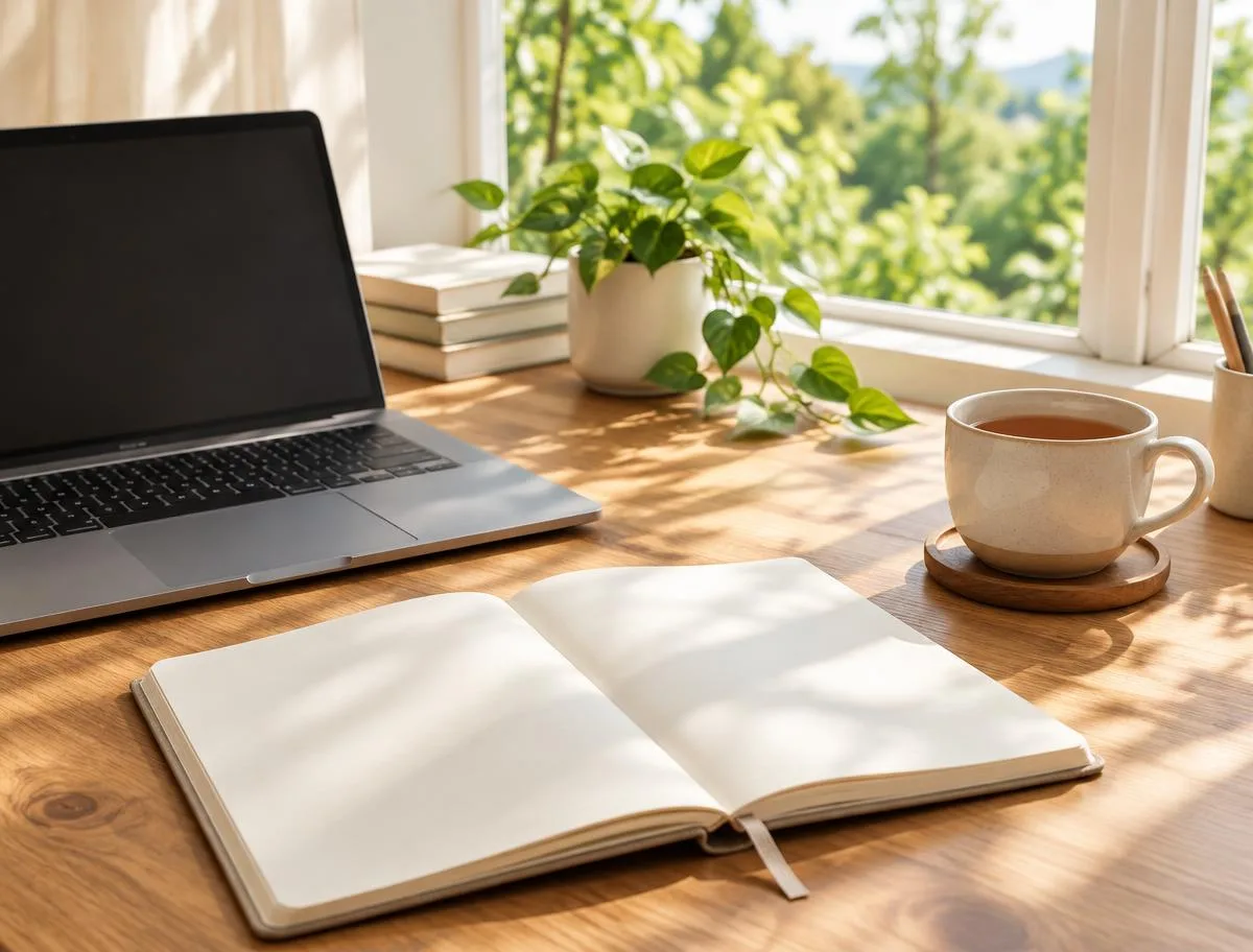 Illustrative open notebook, laptop and tea beside a bright window