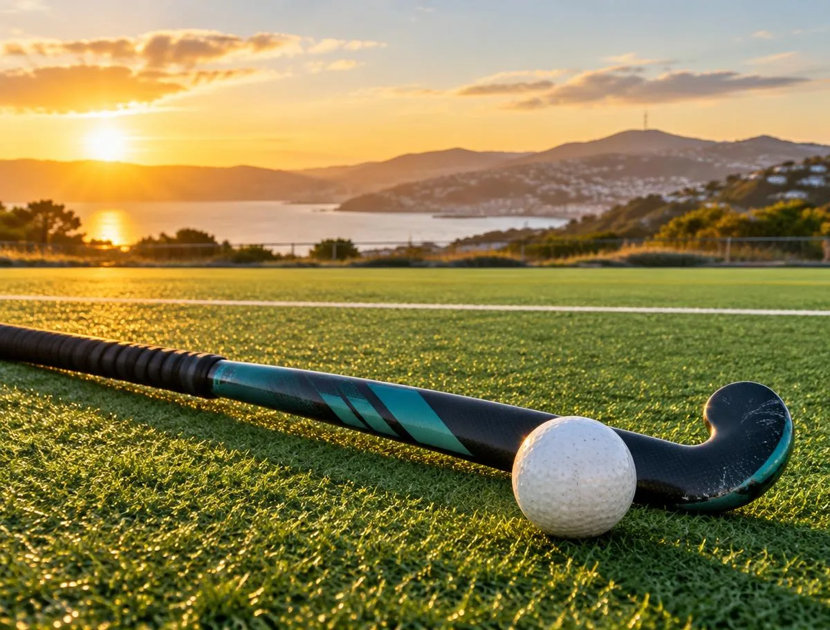 Illustrative field hockey stick and ball on sunlit turf with Wellington-style hills