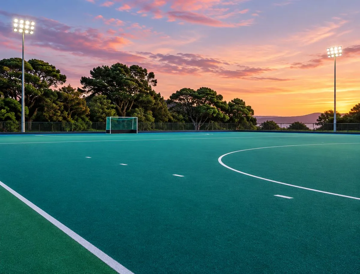 Illustrative empty floodlit hockey pitch at dusk